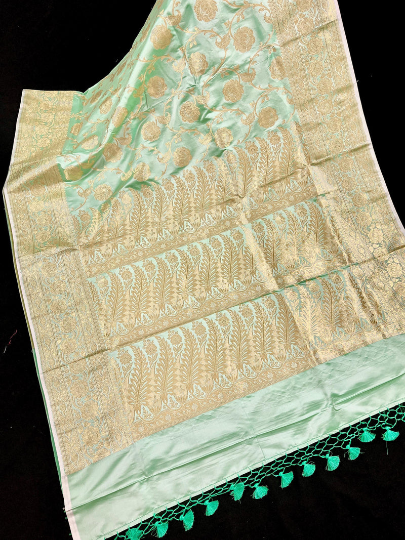 Pastel Sea Green Color Banarasi Satin Silk Traditional Floral Jaal Saree with Gold Zari Jaal Saree - Kaash