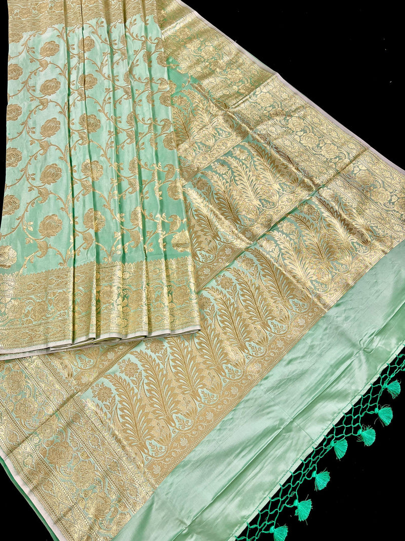 Pastel Sea Green Color Banarasi Satin Silk Traditional Floral Jaal Saree with Gold Zari Jaal Saree - Kaash