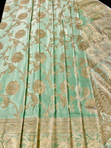 Pastel Sea Green Color Banarasi Satin Silk Traditional Floral Jaal Saree with Gold Zari Jaal Saree - Kaash