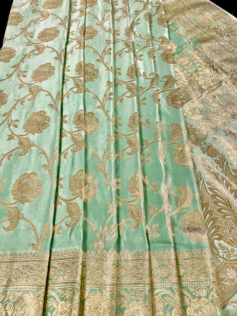 Pastel Sea Green Color Banarasi Satin Silk Traditional Floral Jaal Saree with Gold Zari Jaal Saree - Kaash