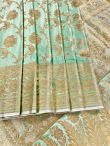Pastel Sea Green Color Banarasi Satin Silk Traditional Floral Jaal Saree with Gold Zari Jaal Saree - Kaash