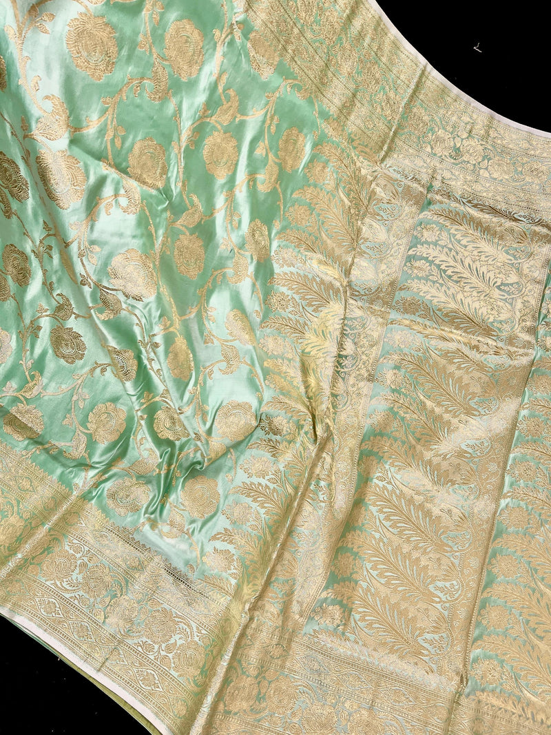 Pastel Sea Green Color Banarasi Satin Silk Traditional Floral Jaal Saree with Gold Zari Jaal Saree - Kaash