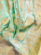Pastel Sea Green Color Banarasi Satin Silk Traditional Floral Jaal Saree with Gold Zari Jaal Saree - Kaash