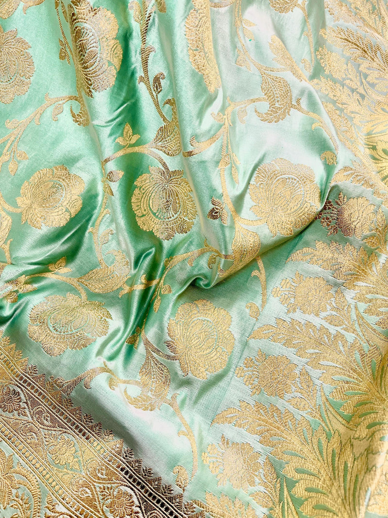 Pastel Sea Green Color Banarasi Satin Silk Traditional Floral Jaal Saree with Gold Zari Jaal Saree - Kaash
