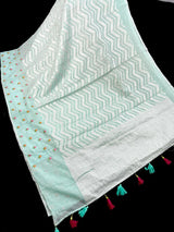 Pastel Sea Green Color Linen blend with Cotton Silk Saree and Embroidery floral buttis - Kaash
