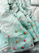 Pastel Sea Green Color Linen blend with Cotton Silk Saree and Embroidery floral buttis - Kaash