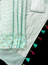 Pastel Sea Green Color Linen blend with Cotton Silk Saree and Embroidery floral buttis - Kaash