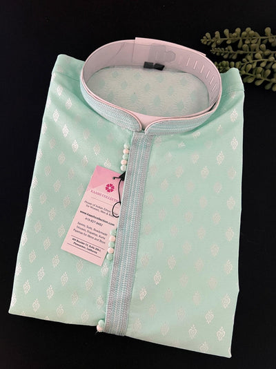 Pastel Sea Green men's kurta pajama in soft silk (non-pure) with silver buttis on soft silk — Kaash Collection