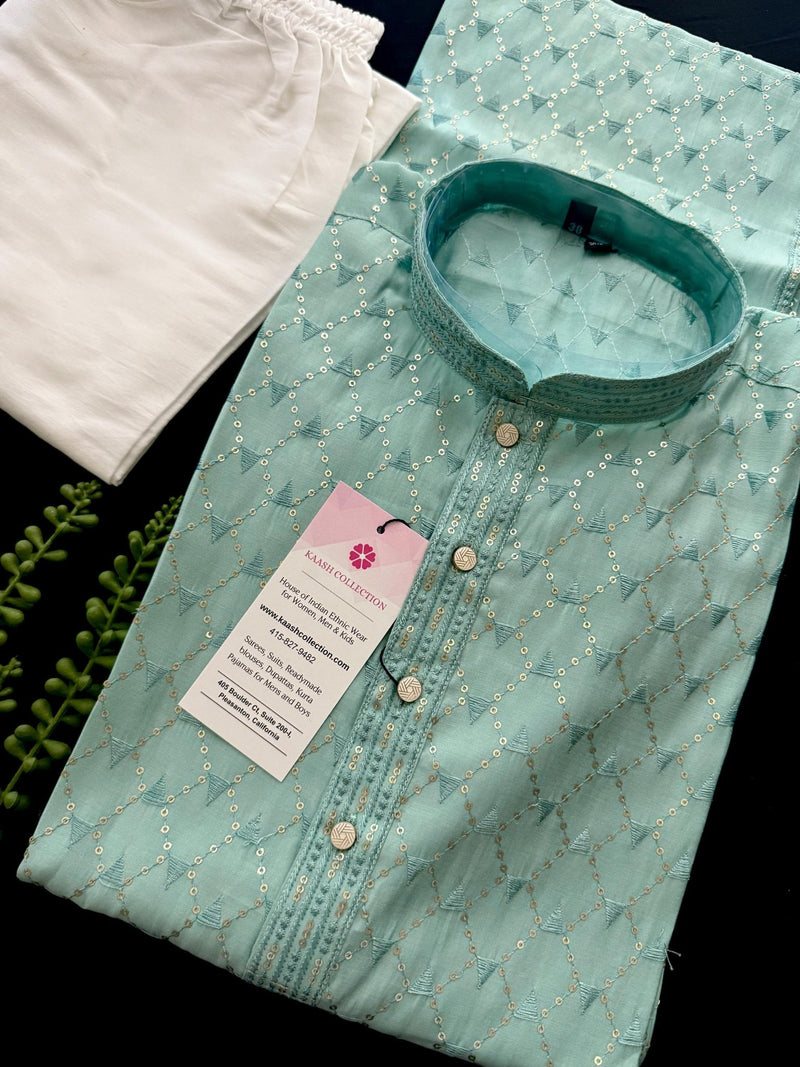 Pastel Sea Green Designer Kurta with Embroidery and Sequins | Pastel Color Mens Kurta | Wedding and Party Wear Kurta - Kaash