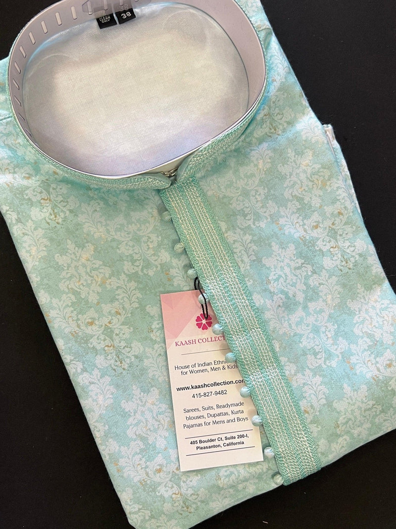 Pastel Sea Green men's kurta pajama in soft silk (non-pure) with floral digital prints — Kaash Collection