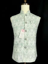 Pastel Sea Green men's Nehru/Modi jacket in cotton silk with embroidery, thread & sequin work — Kaash Collection