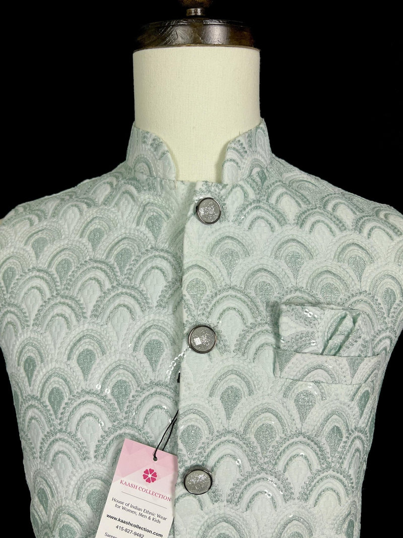 Pastel Sea Green men's Nehru/Modi jacket in cotton silk with embroidery, thread & sequin work — Kaash Collection