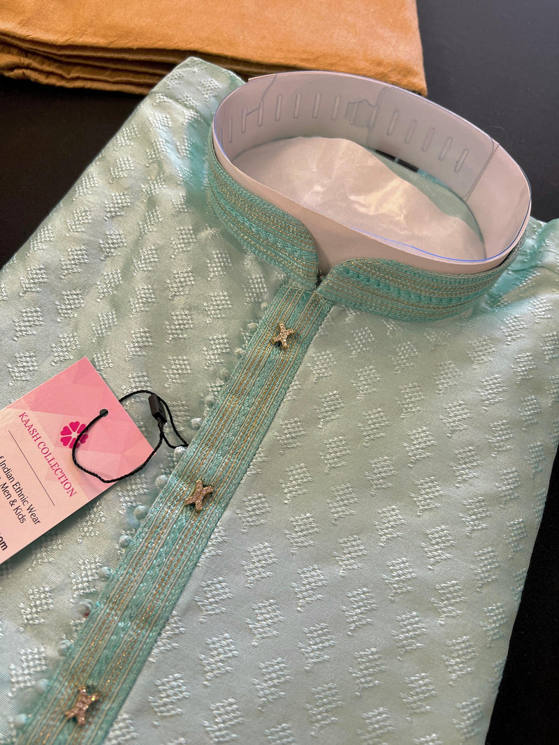 Pastel Sea Green Raw Silk Kurta Pajama Set for Men | Self Design Embroidery Buttis | Wedding Kurta | Groomsmen Kurta | Kurta Store in USA - Kaash