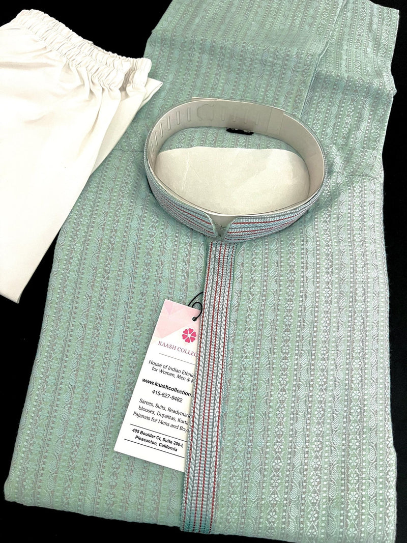 Pastel Sky Blue men's kurta pajama in butter silk (non-pure) with multi-pastel stripes with embroidery — Kaash Collection
