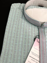 Pastel Sky Blue men's kurta pajama in butter silk (non-pure) with multi-pastel stripes with embroidery — Kaash Collection