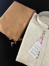 Pastel Sliver Green Color Men Kurta Pajama Set with Floral Embossed Design in Gold in Banarasi Butter Soft Silk - Kaash