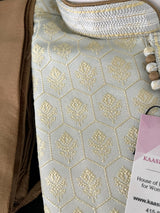 Pastel Sliver Green Color Men Kurta Pajama Set with Floral Embossed Design in Gold in Banarasi Butter Soft Silk - Kaash