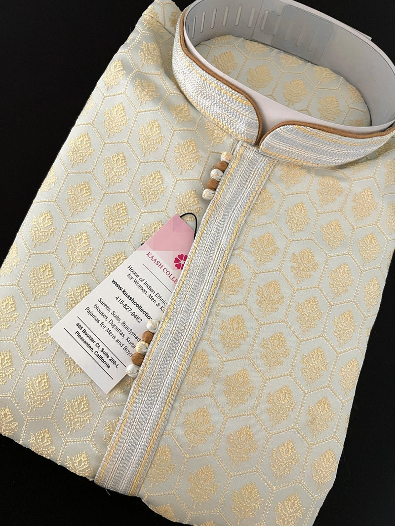 Pastel Sliver Green Color Men Kurta Pajama Set with Floral Embossed Design in Gold in Banarasi Butter Soft Silk - Kaash