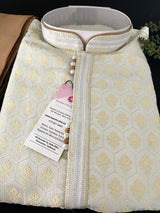 Pastel Sliver Green Color Men Kurta Pajama Set with Floral Embossed Design in Gold in Banarasi Butter Soft Silk - Kaash