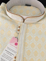 Pastel Sliver Green Color Men Kurta Pajama Set with Floral Embossed Design in Gold in Banarasi Butter Soft Silk - Kaash