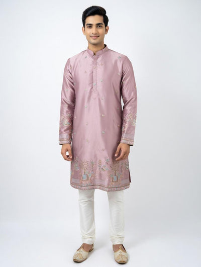Pastel Tea Pink Designer Soft Silk Kurta Pajama with Emberiodery - Kaash