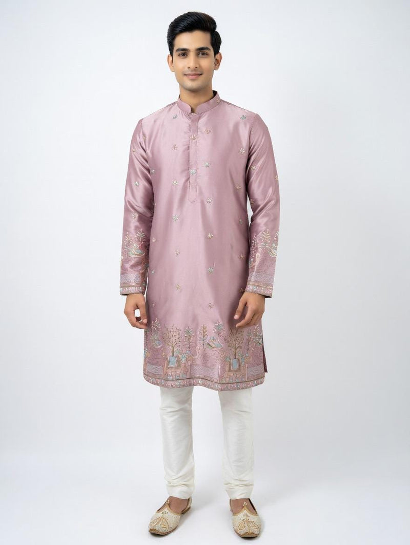 Pastel Tea Pink Designer Soft Silk Kurta Pajama with Emberiodery - Kaash