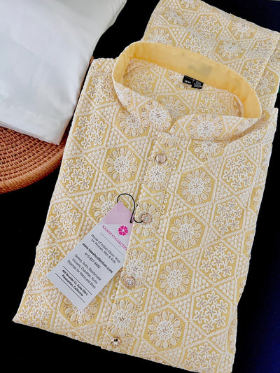 Pastel Yellow men's kurta pajama in pure cotton with lucknowi chikankari with silver sequin — Kaash Collection