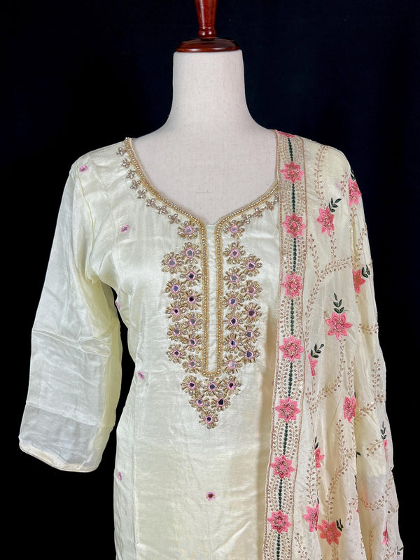 Pastel Yellow Color Salwar Kameez with Dupatta - Embroidery, Mirror and Stone Work - Handwork 3pcs Suit for Women - Designer Dupatta Suit - Kaash