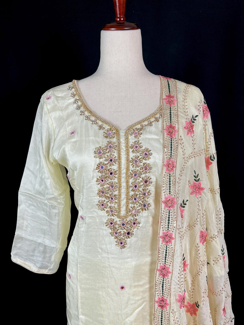 Pastel Yellow Color Salwar Kameez with Dupatta - Embroidery, Mirror and Stone Work - Handwork 3pcs Suit for Women - Designer Dupatta Suit - Kaash