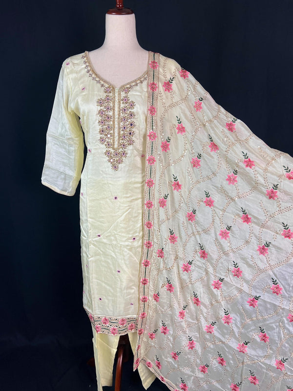 Pastel Yellow Color Salwar Kameez with Dupatta - Embroidery, Mirror and Stone Work - Handwork 3pcs Suit for Women - Designer Dupatta Suit - Kaash