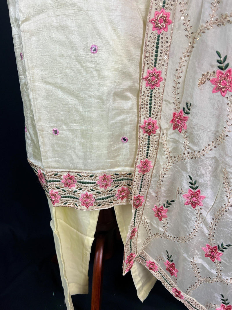 Pastel Yellow Color Salwar Kameez with Dupatta - Embroidery, Mirror and Stone Work - Handwork 3pcs Suit for Women - Designer Dupatta Suit - Kaash