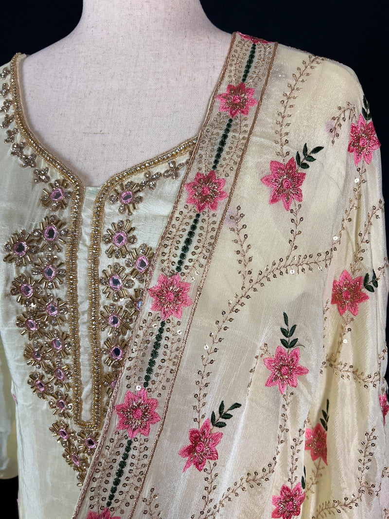 Pastel Yellow Color Salwar Kameez with Dupatta - Embroidery, Mirror and Stone Work - Handwork 3pcs Suit for Women - Designer Dupatta Suit - Kaash