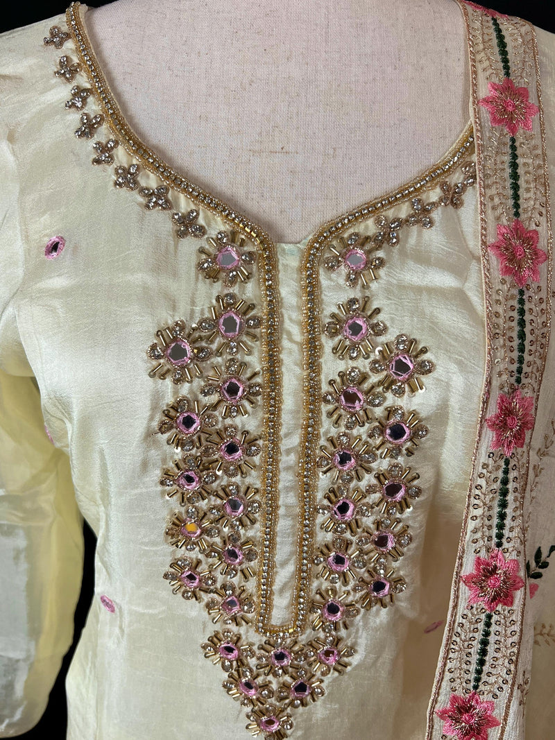 Pastel Yellow Color Salwar Kameez with Dupatta - Embroidery, Mirror and Stone Work - Handwork 3pcs Suit for Women - Designer Dupatta Suit - Kaash