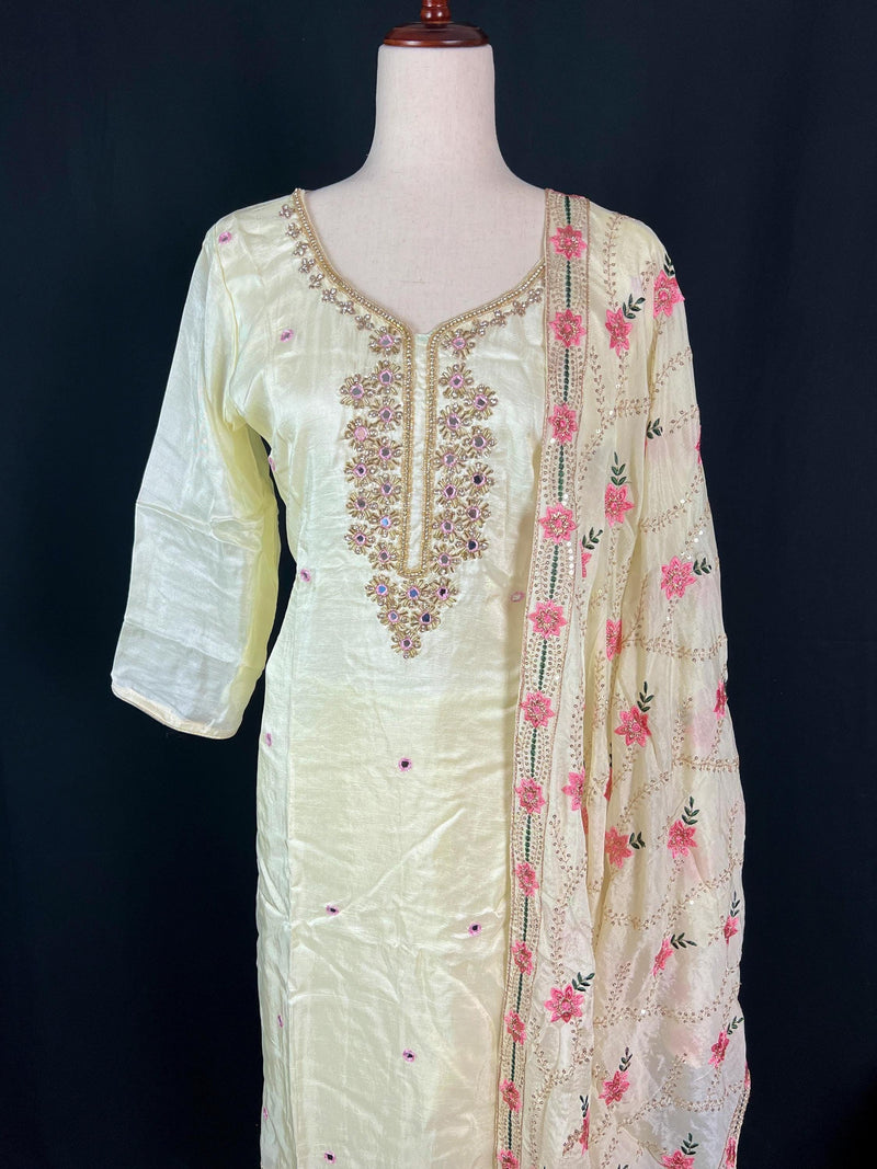 Pastel Yellow Color Salwar Kameez with Dupatta - Embroidery, Mirror and Stone Work - Handwork 3pcs Suit for Women - Designer Dupatta Suit - Kaash