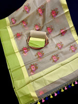 Patel Light Green Color with two shades of Lime color Borders Banarasi Kora Saree with Floral Embroidery Bunch Work - Kaash