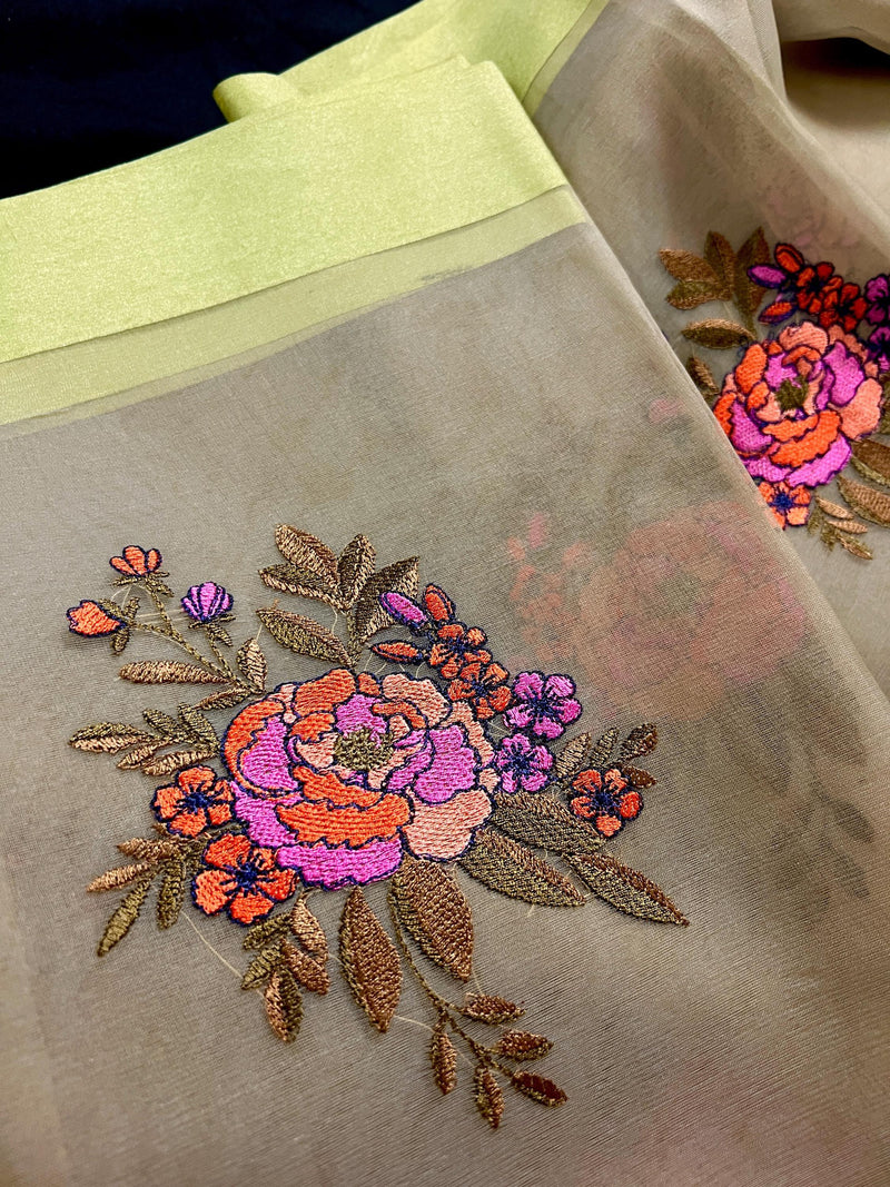 Patel Light Green Color with two shades of Lime color Borders Banarasi Kora Saree with Floral Embroidery Bunch Work - Kaash