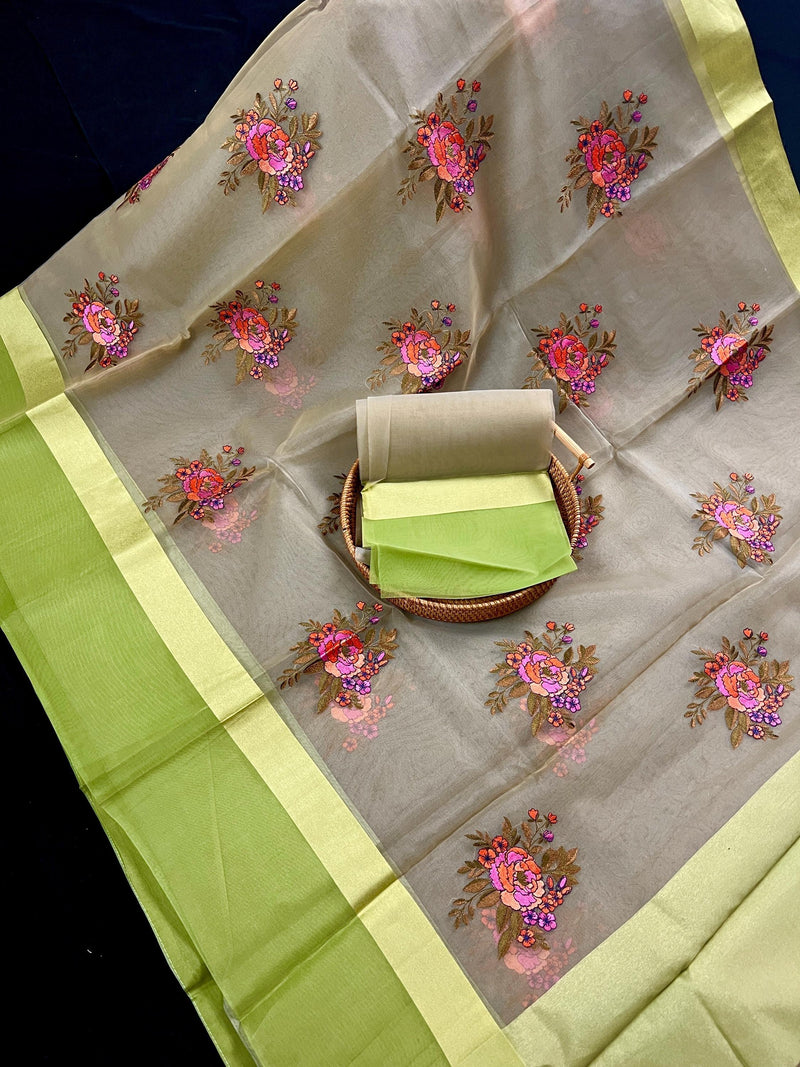Patel Light Green Color with two shades of Lime color Borders Banarasi Kora Saree with Floral Embroidery Bunch Work - Kaash