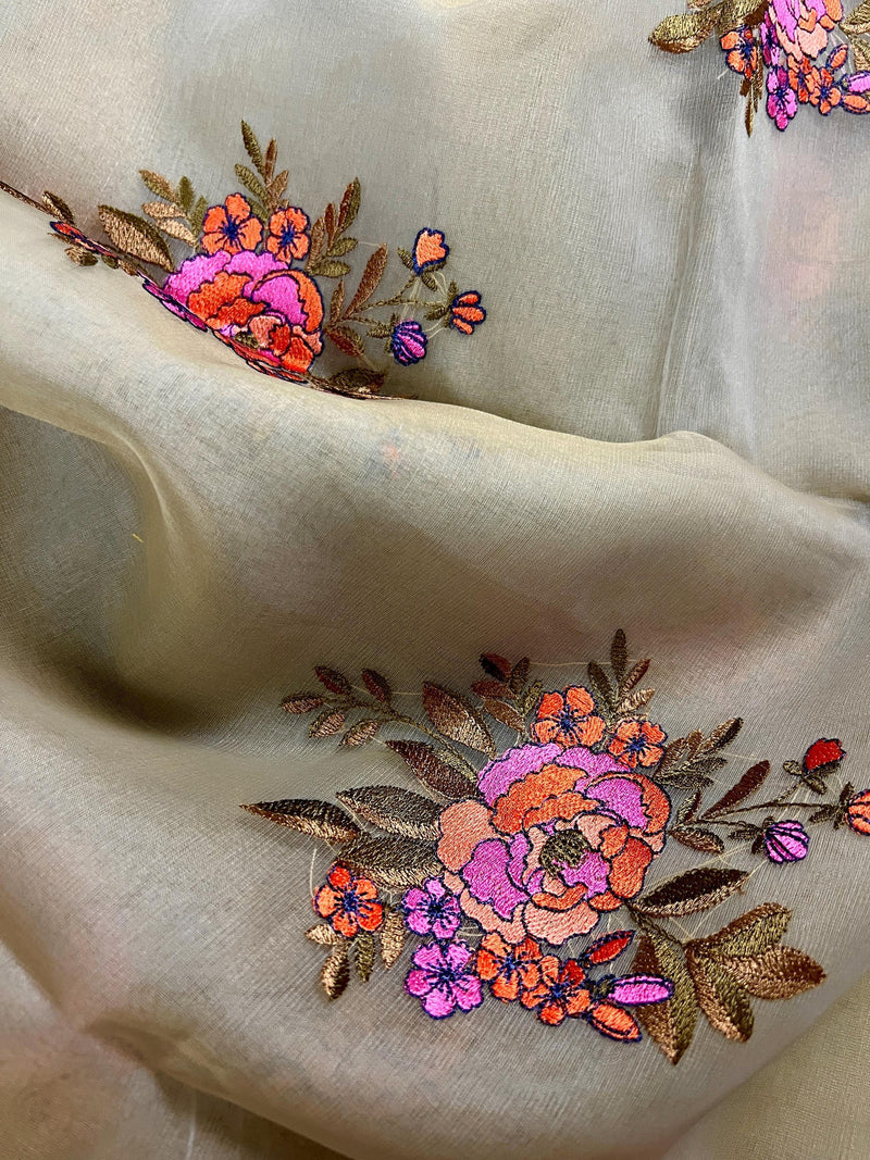 Patel Light Green Color with two shades of Lime color Borders Banarasi Kora Saree with Floral Embroidery Bunch Work - Kaash