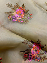 Patel Light Green Color with two shades of Lime color Borders Banarasi Kora Saree with Floral Embroidery Bunch Work - Kaash