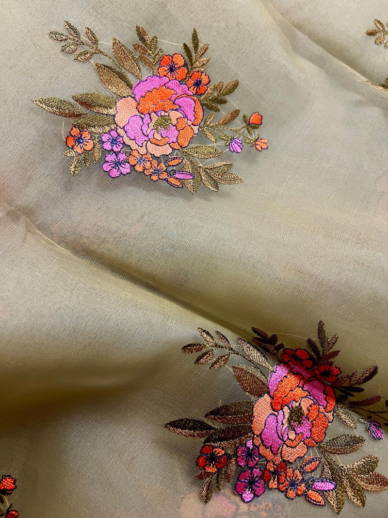 Patel Light Green Color with two shades of Lime color Borders Banarasi Kora Saree with Floral Embroidery Bunch Work - Kaash