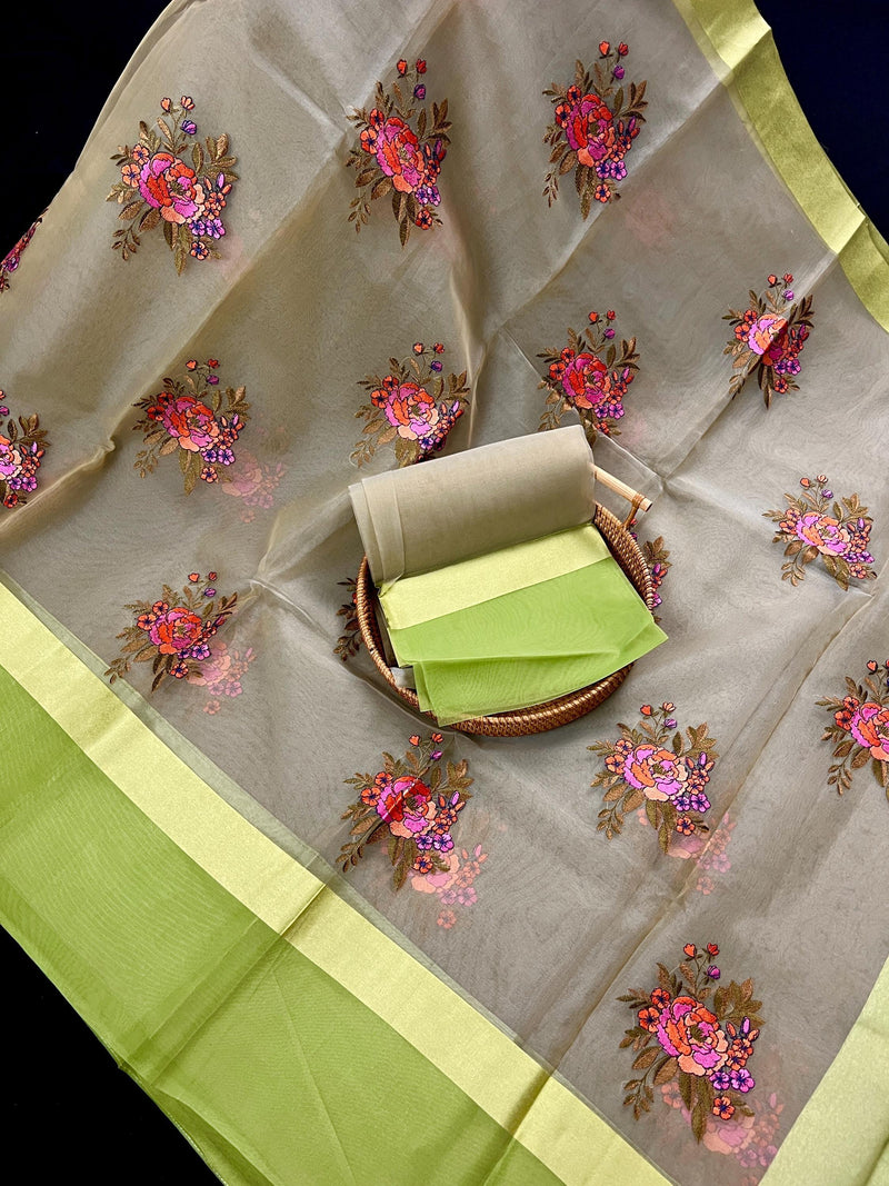 Patel Light Green Color with two shades of Lime color Borders Banarasi Kora Saree with Floral Embroidery Bunch Work - Kaash