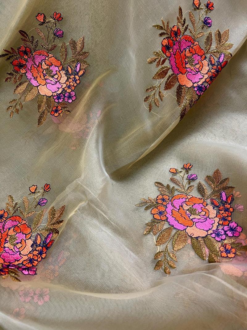 Patel Light Green Color with two shades of Lime color Borders Banarasi Kora Saree with Floral Embroidery Bunch Work - Kaash