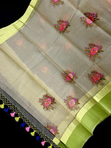 Patel Light Green Color with two shades of Lime color Borders Banarasi Kora Saree with Floral Embroidery Bunch Work - Kaash