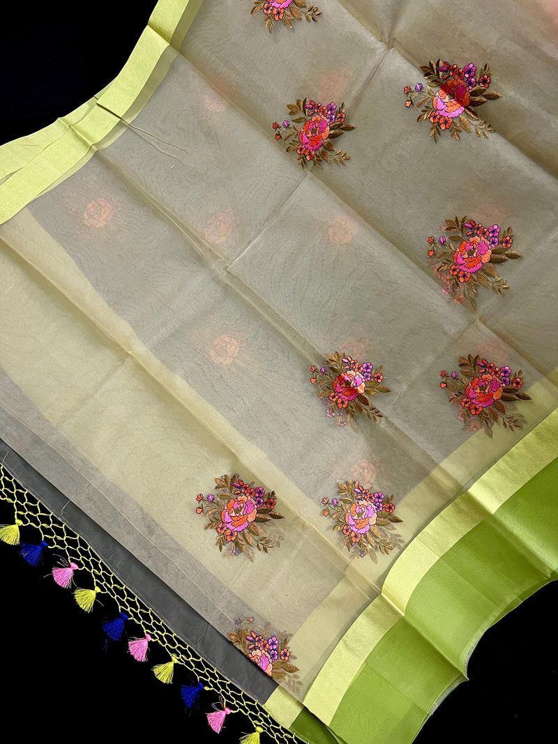 Patel Light Green Color with two shades of Lime color Borders Banarasi Kora Saree with Floral Embroidery Bunch Work - Kaash