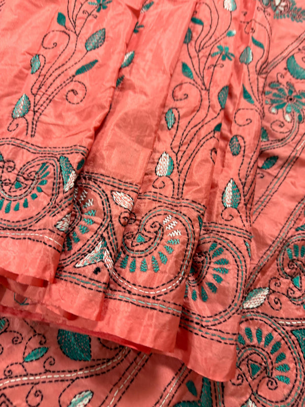 Peach Color Bangalori Silk Saree with Hand Kantha Stitch - Handwoven Kantha Stitch Sarees - Kantha Saress - Bengal Sarees - Kaash