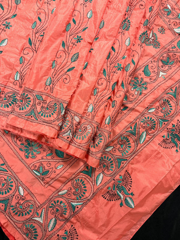 Peach Color Bangalori Silk Saree with Hand Kantha Stitch - Handwoven Kantha Stitch Sarees - Kantha Saress - Bengal Sarees - Kaash