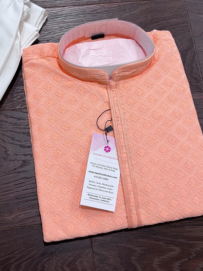 Peach men's kurta pajama in georgette with lucknowi chikankari embroidery — Kaash Collection