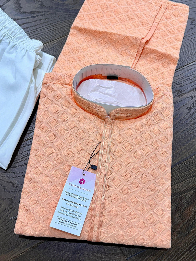 Peach Color Chikankari Lucknowi Georgette Kurta Pajama Set with Lining | Chikhankari Kurta | Ethnic Wear for Men | Men Party Wear - Kaash