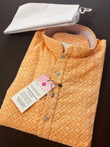 Peach men's kurta pajama in georgette with chikankari embroidery with fancy buttons — Kaash Collection