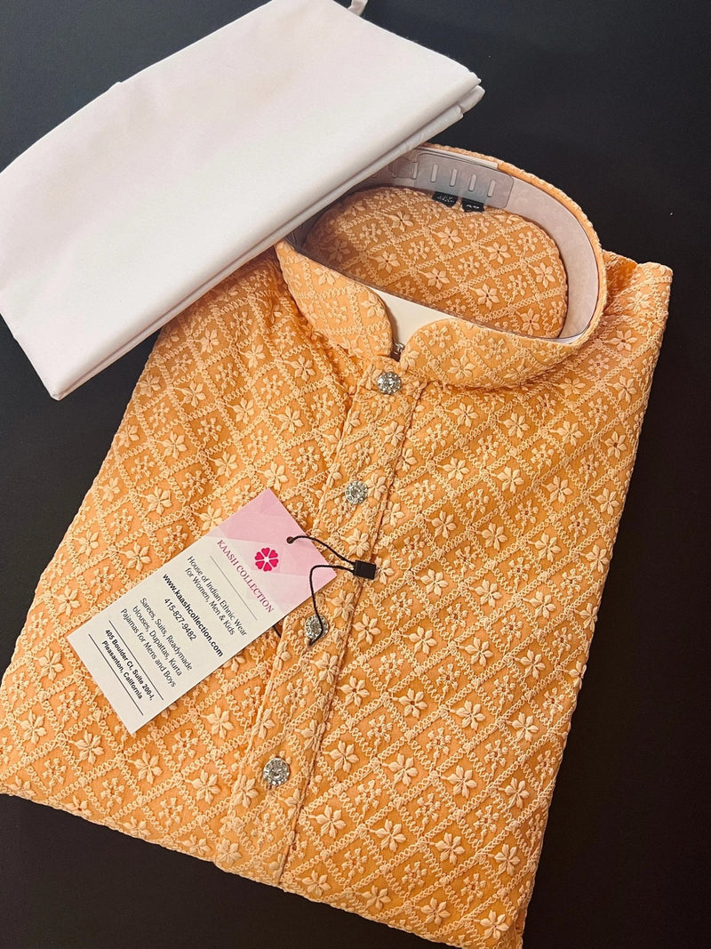 Peach men's kurta pajama in georgette with chikankari embroidery with fancy buttons — Kaash Collection